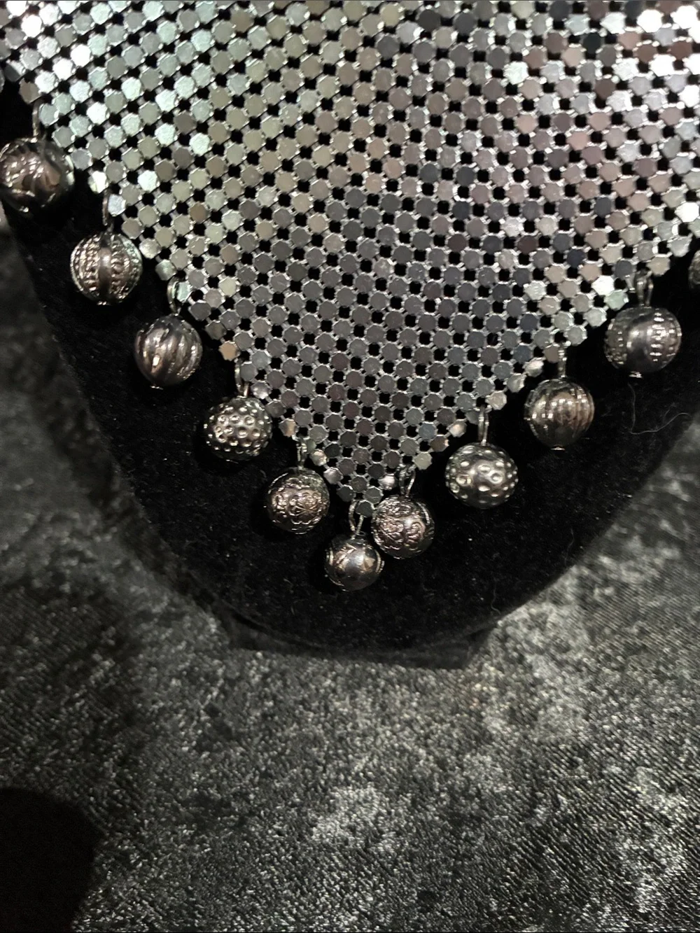Gunmetal Mesh Bib Necklace with Beaded Edge - Sleek Evening Statement